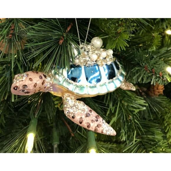 Sea Turtle Christmas Ornament Glass Aqua Blue Nautical Ocean Seaside Jeweled - Picture 6 of 7
